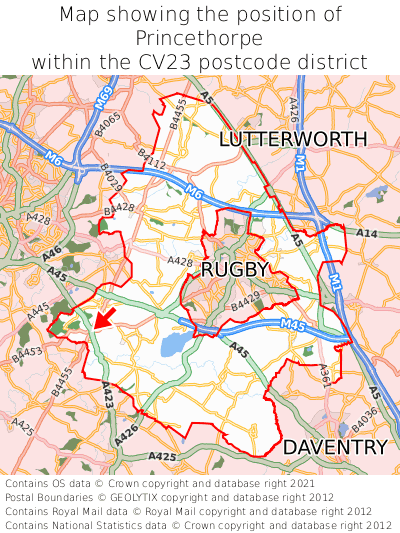 Map showing location of Princethorpe within CV23