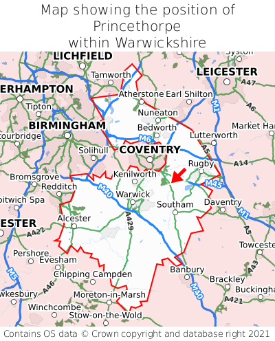 Map showing location of Princethorpe within Warwickshire
