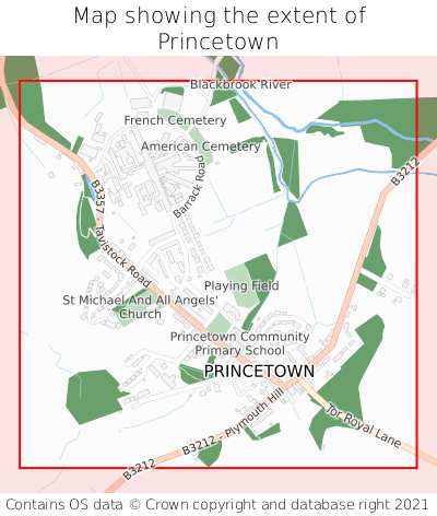 Map showing extent of Princetown as bounding box