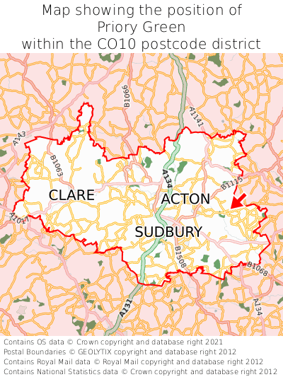 Map showing location of Priory Green within CO10