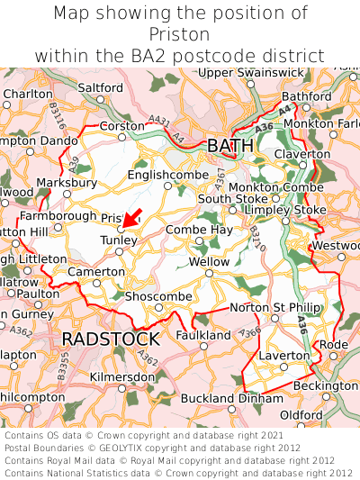 Map showing location of Priston within BA2
