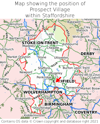 Map showing location of Prospect Village within Staffordshire