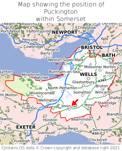 Map showing location of Puckington within Somerset