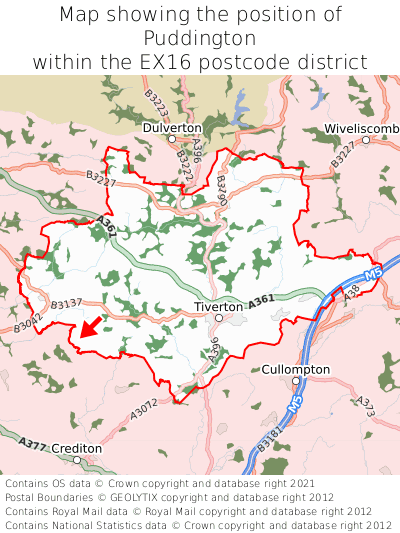 Map showing location of Puddington within EX16