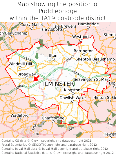 Map showing location of Puddlebridge within TA19