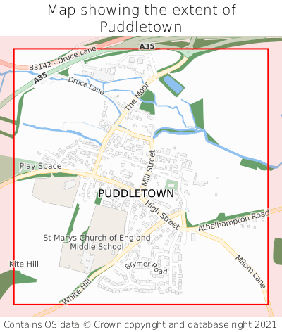 Map showing extent of Puddletown as bounding box