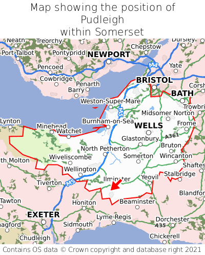 Map showing location of Pudleigh within Somerset