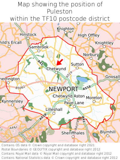 Map showing location of Puleston within TF10