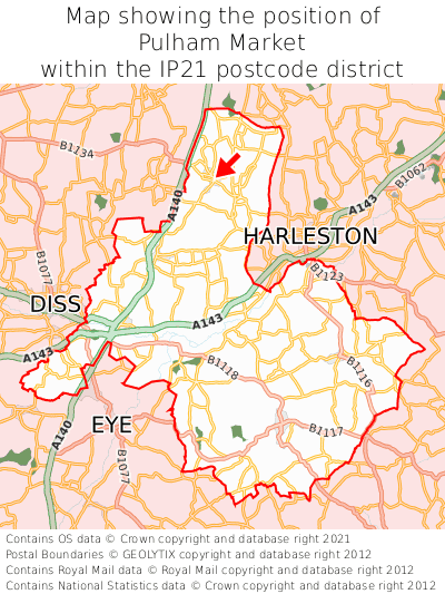 Map showing location of Pulham Market within IP21