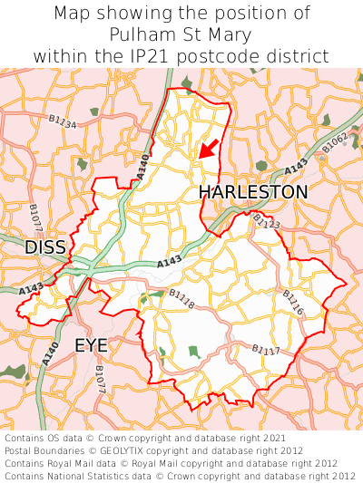 Map showing location of Pulham St Mary within IP21