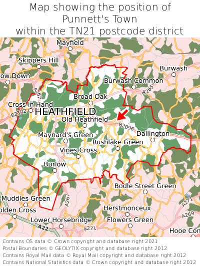 Map showing location of Punnett's Town within TN21