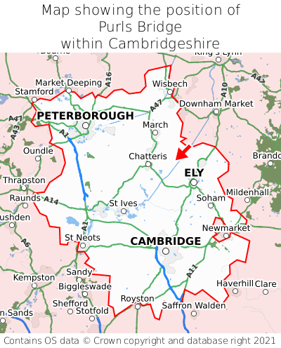 Map showing location of Purls Bridge within Cambridgeshire