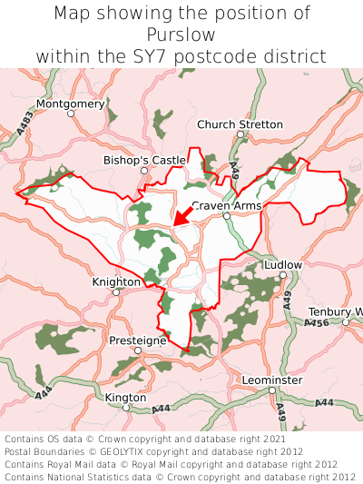 Map showing location of Purslow within SY7