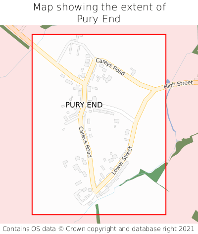 Map showing extent of Pury End as bounding box