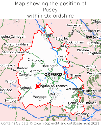 Map showing location of Pusey within Oxfordshire
