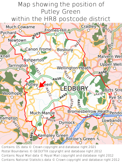 Map showing location of Putley Green within HR8