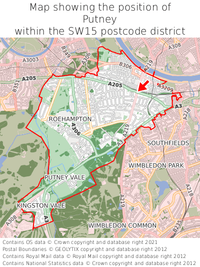 Map showing location of Putney within SW15
