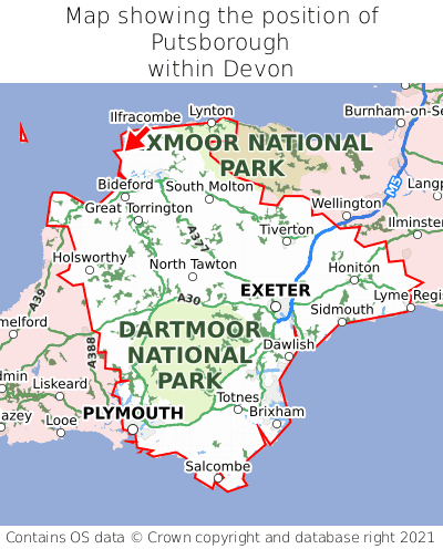 Map showing location of Putsborough within Devon