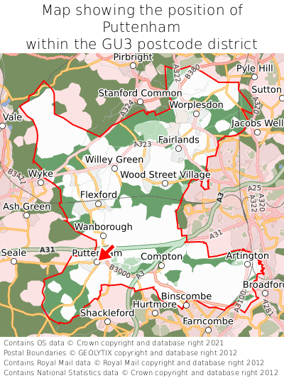 Map showing location of Puttenham within GU3