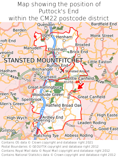 Map showing location of Puttock's End within CM22