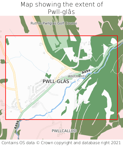 Map showing extent of Pwll-glâs as bounding box