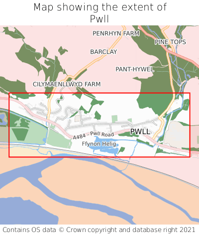 Map showing extent of Pwll as bounding box