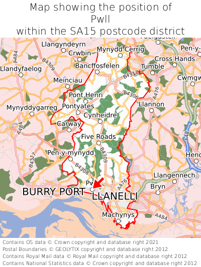 Map showing location of Pwll within SA15