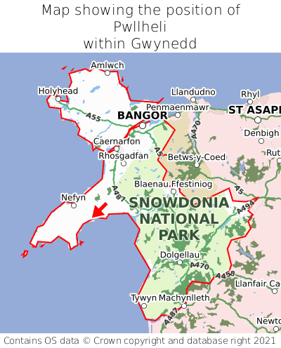 Map showing location of Pwllheli within Gwynedd