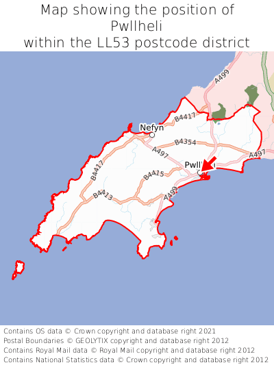 Map showing location of Pwllheli within LL53