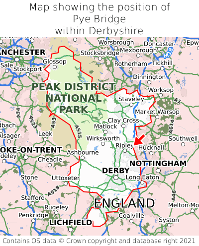 Map showing location of Pye Bridge within Derbyshire