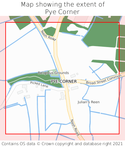 Map showing extent of Pye Corner as bounding box