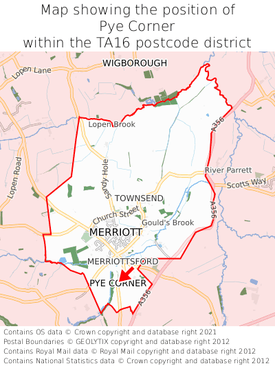 Map showing location of Pye Corner within TA16