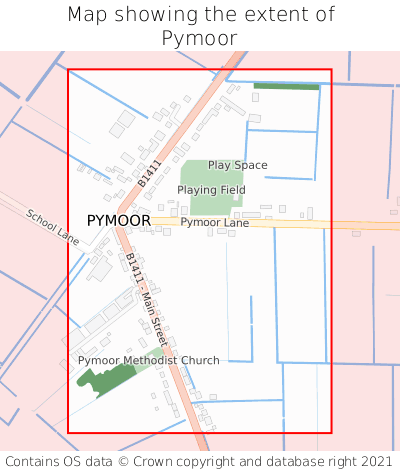Map showing extent of Pymoor as bounding box