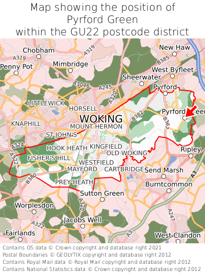 Map showing location of Pyrford Green within GU22