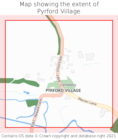 Map showing extent of Pyrford Village as bounding box