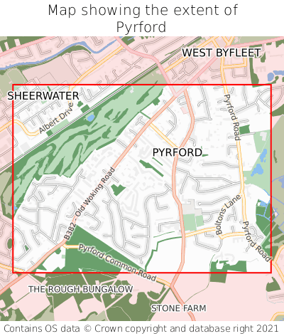 Map showing extent of Pyrford as bounding box