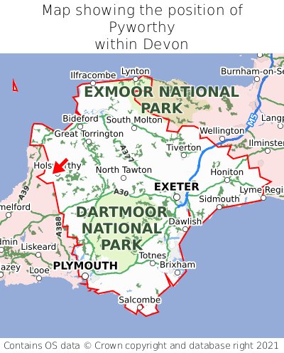 Map showing location of Pyworthy within Devon