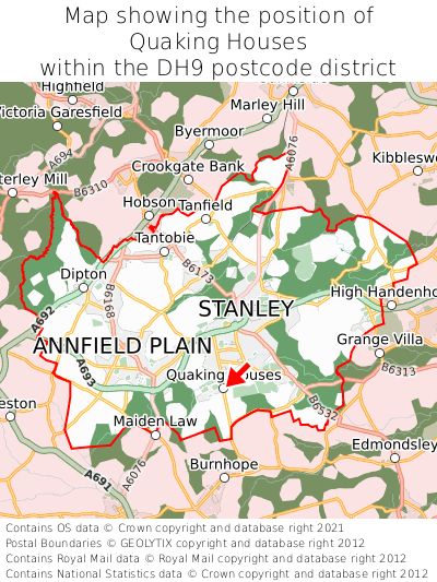 Map showing location of Quaking Houses within DH9