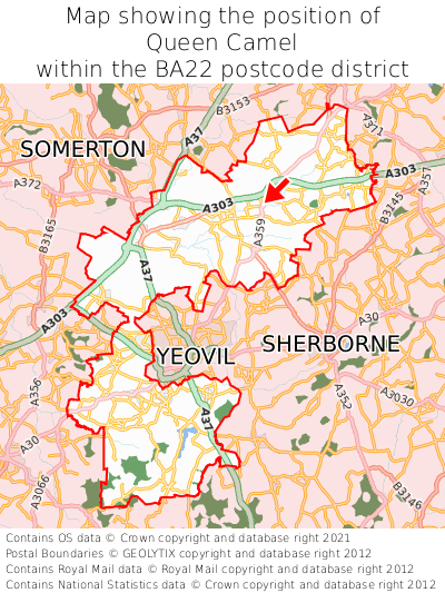 Map showing location of Queen Camel within BA22