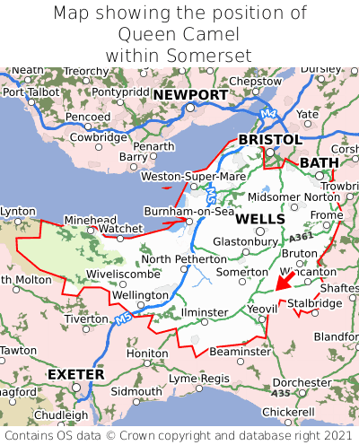 Map showing location of Queen Camel within Somerset