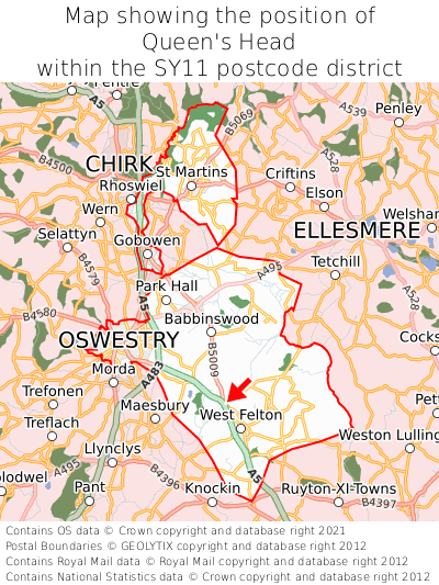 Map showing location of Queen's Head within SY11