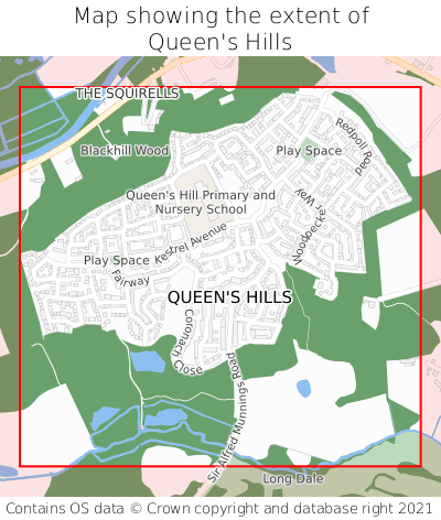 Map showing extent of Queen's Hills as bounding box