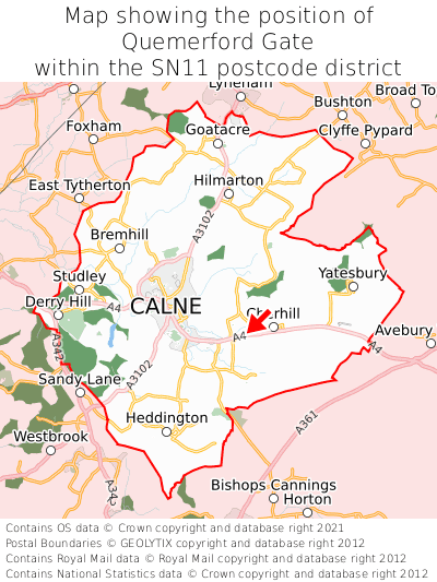 Map showing location of Quemerford Gate within SN11