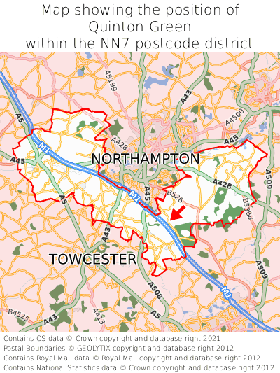 Map showing location of Quinton Green within NN7