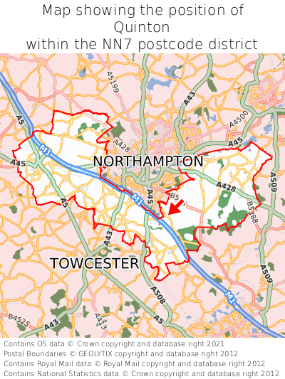 Map showing location of Quinton within NN7