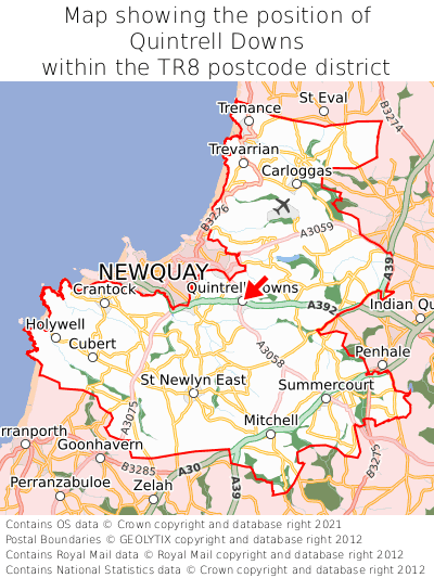 Map showing location of Quintrell Downs within TR8