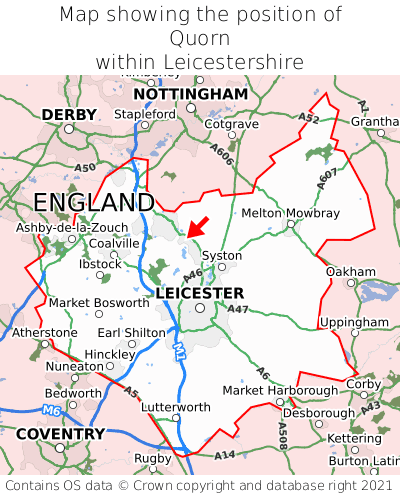 Map showing location of Quorn within Leicestershire