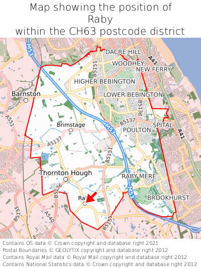 Map showing location of Raby within CH63