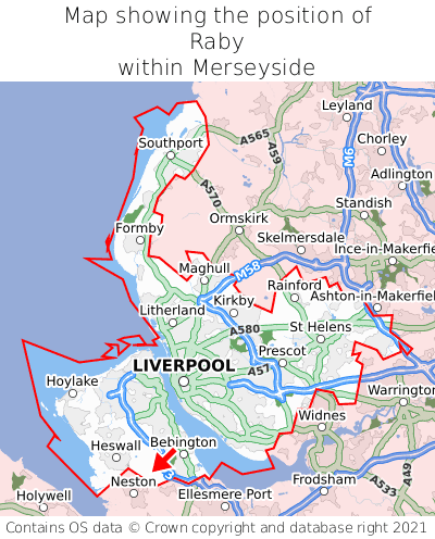Map showing location of Raby within Merseyside