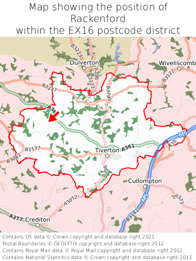 Map showing location of Rackenford within EX16